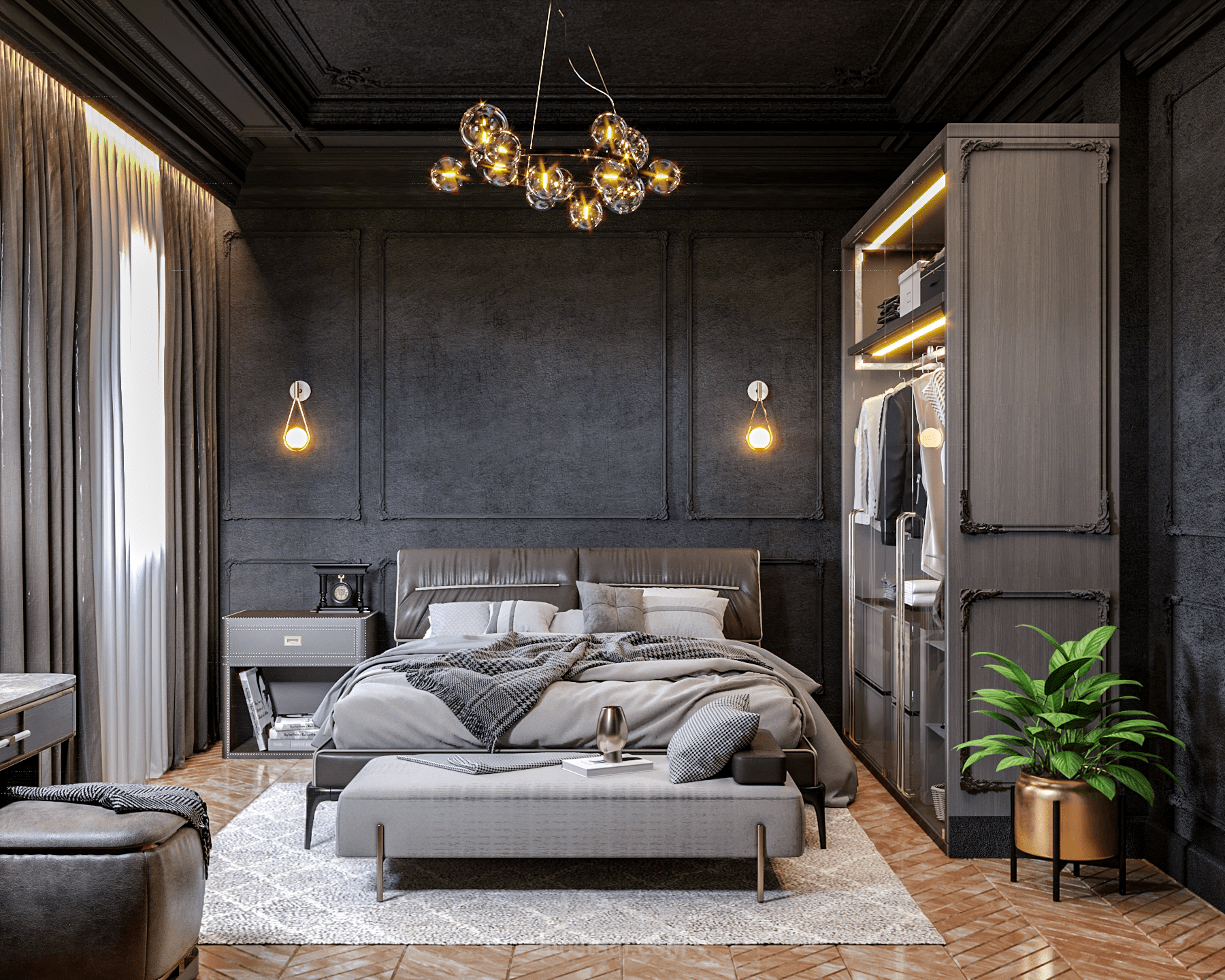 غرفة نوم على طراز النيو كلاسيك NEW CLASSIC BLACK BEDROOM DESIGN