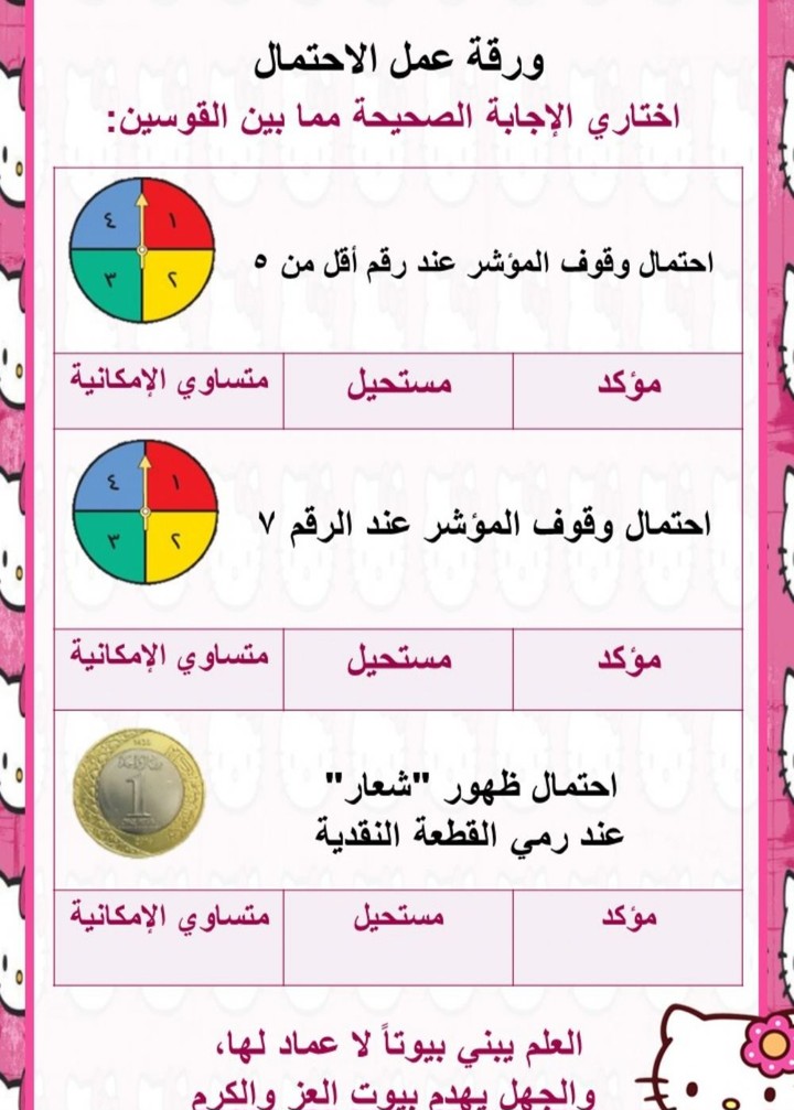 ورقة عمل للاحتمالات