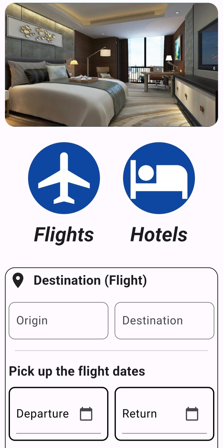 واجهة تطبيق لحجز الفنادق والطيران