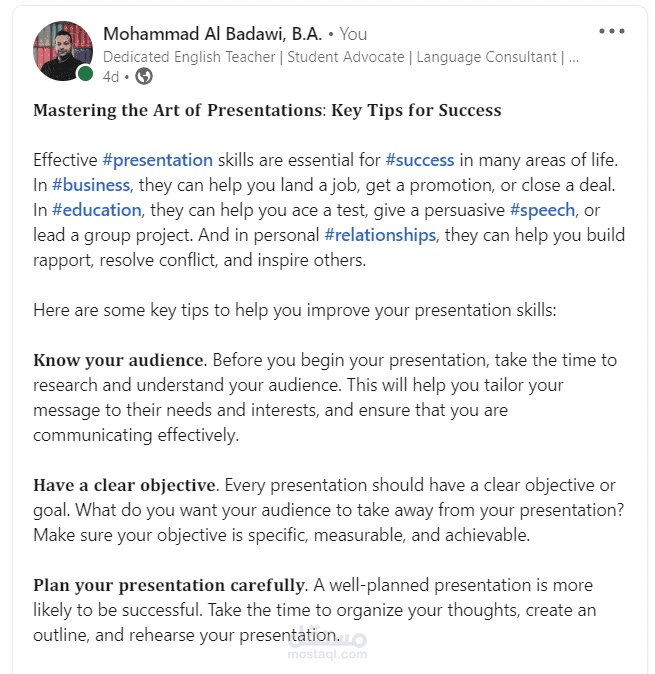 لينكد ان بوست عن كيفية تحضير عروض الشرائح