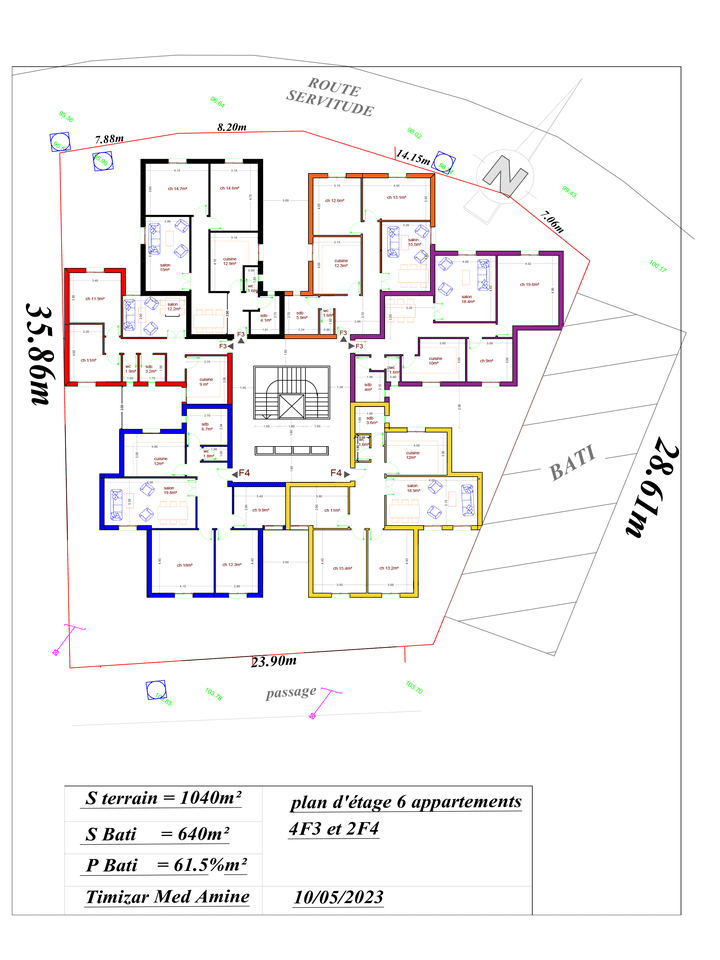 تصميم 2د لطابق عععمارة  يحتوي على 6 سكنات