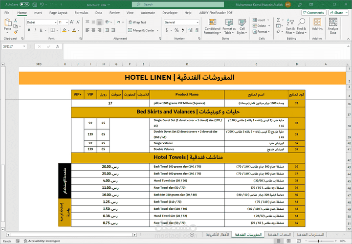 تنظيم وتصميم قاعدة بيانات إكسل شاملة لكتيب منتجات أثاث الفنادق