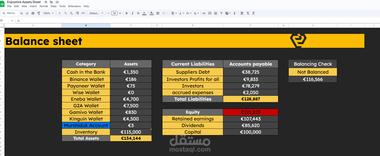 نظام محاسبي متكامل لشركة Enjoystick علي Google Sheet - معتمد من مستشار مالي