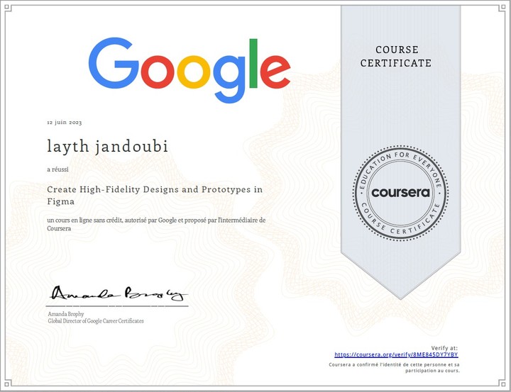 "Google certificat in "Create High-Fidelity Designs and Prototypes in Figma