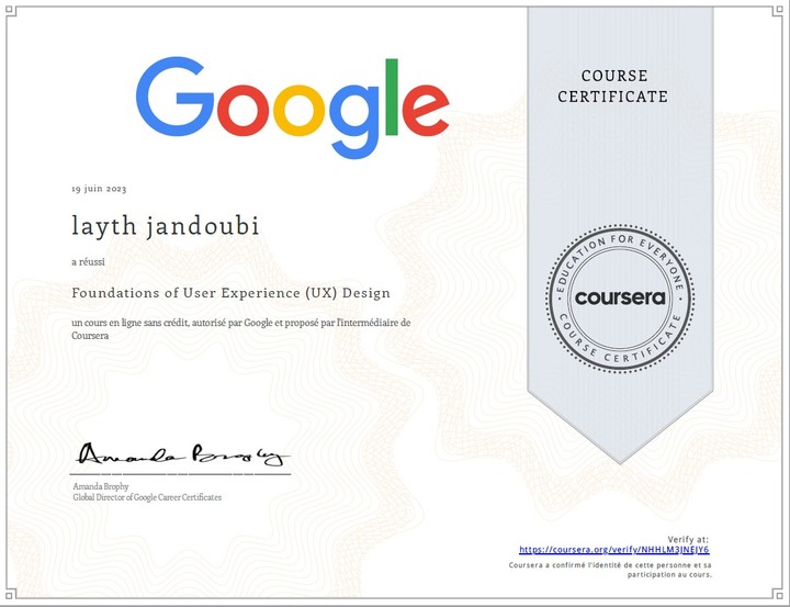 certificat in Foundations of User Experience (UX) Design from google