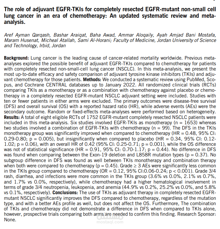 .The role of adjuvant EGFR-TKIs for completely resected EGFR-mutant non-small cell lung cancer in an era of chemotherapy: An updated systematic review and meta-analysis