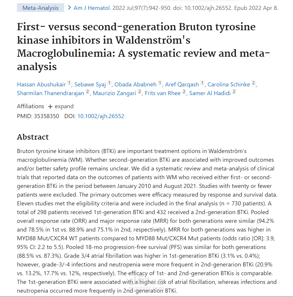 First- versus second-generation Bruton tyrosine kinase inhibitors in Waldenström's macroglobulinemia: A systematic review and meta-analysis