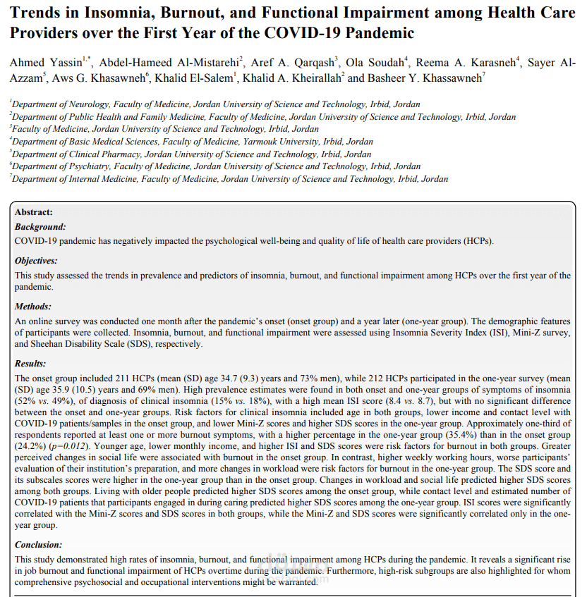 Trends in Insomnia, Burnout, and Functional Impairment among Health Care Providers over the First Year of the COVID-19 Pandemic.