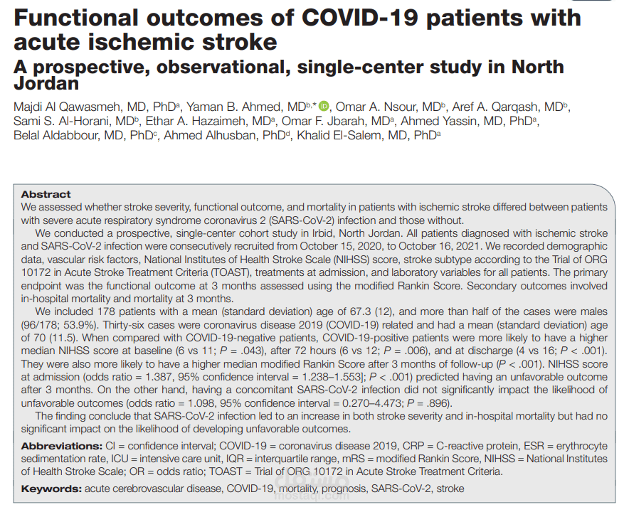 Functional outcomes of COVID-19 patients with acute ischemic stroke: A prospective, observational, single-center study in North Jordan