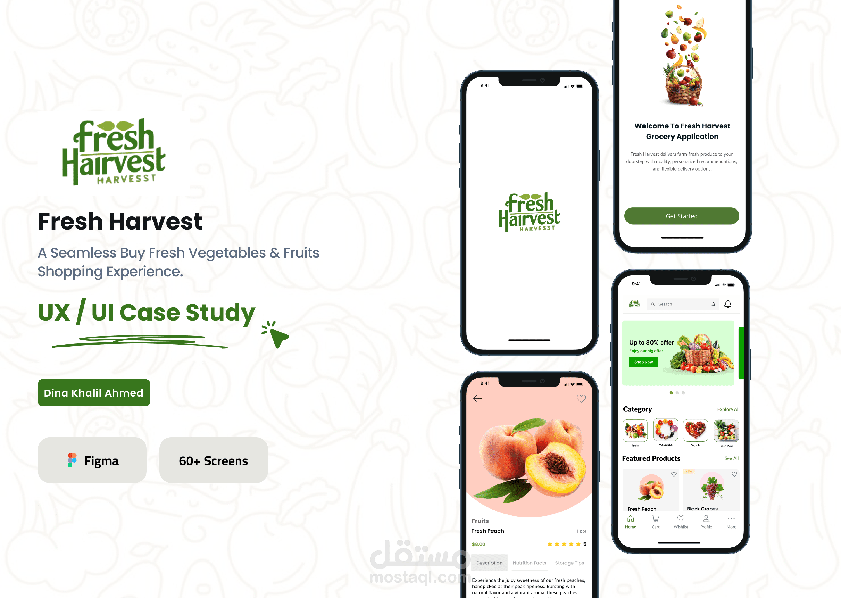 تصميم تطبيق Fresh Harvest (UI/UX Design) لبيع الخضار والفاكهة الطازجة اونلاين