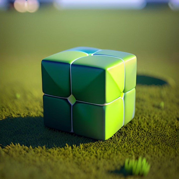 3d green cube in a big green grass  land