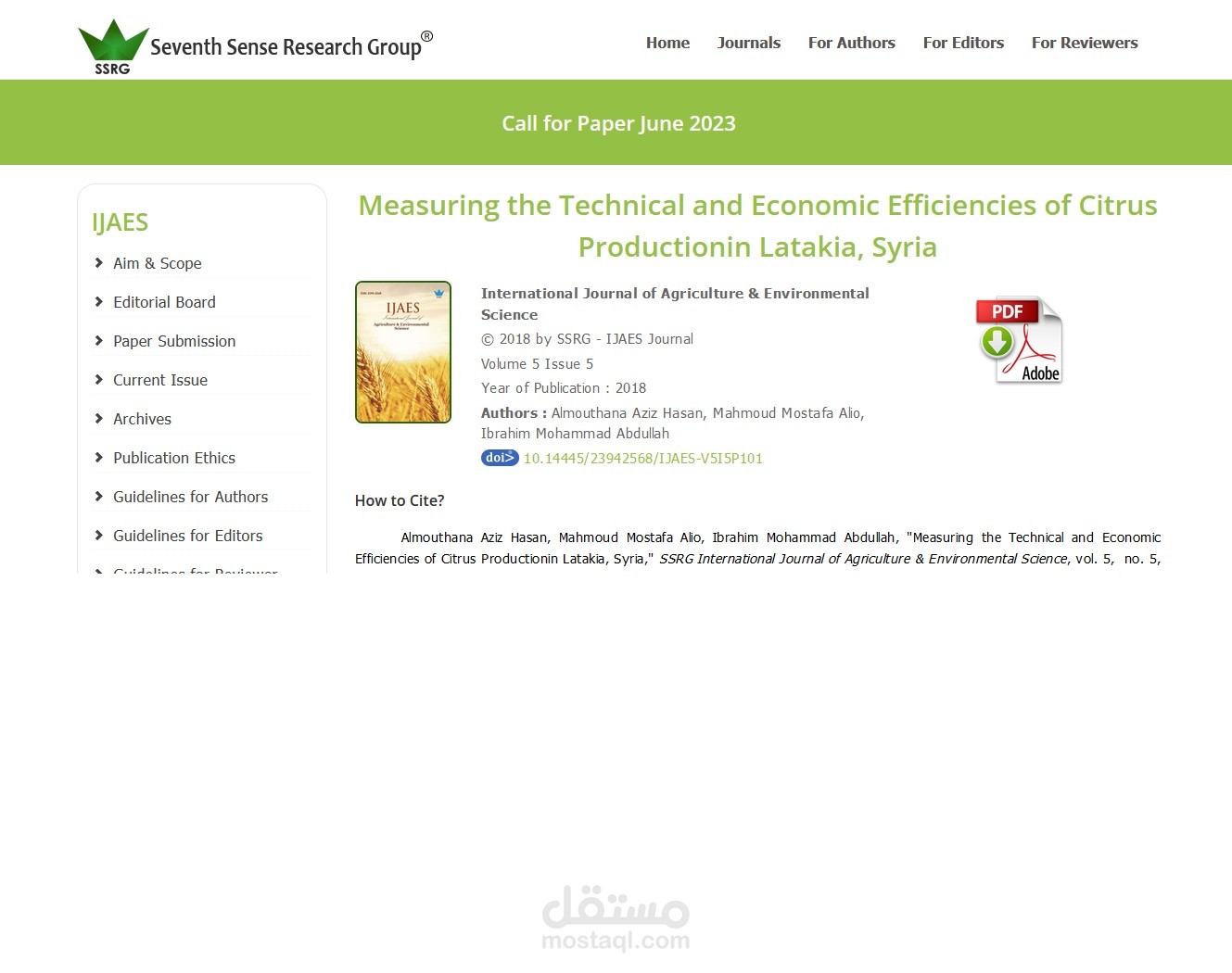 Measuring the Technical and Economic Efficiencies of Citrus Productionin Latakia, Syria