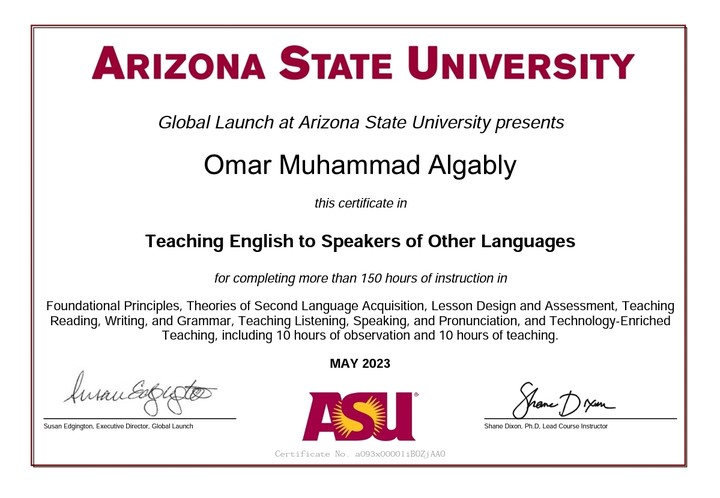 شهادة تيسول (TESOL Certificate) من جامعة أريزونا (Arizona State University)