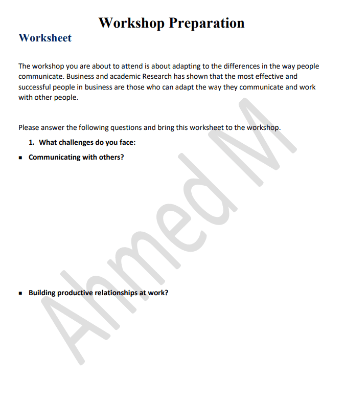 Workshop Preparation - Work Sheet