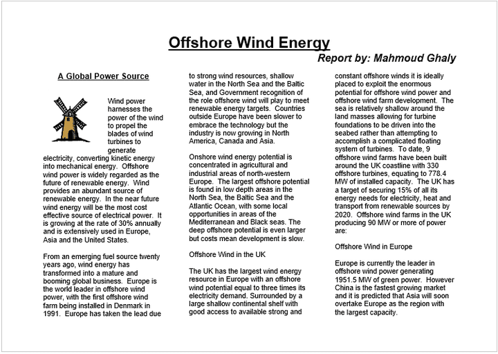 Report on offshore wind energy