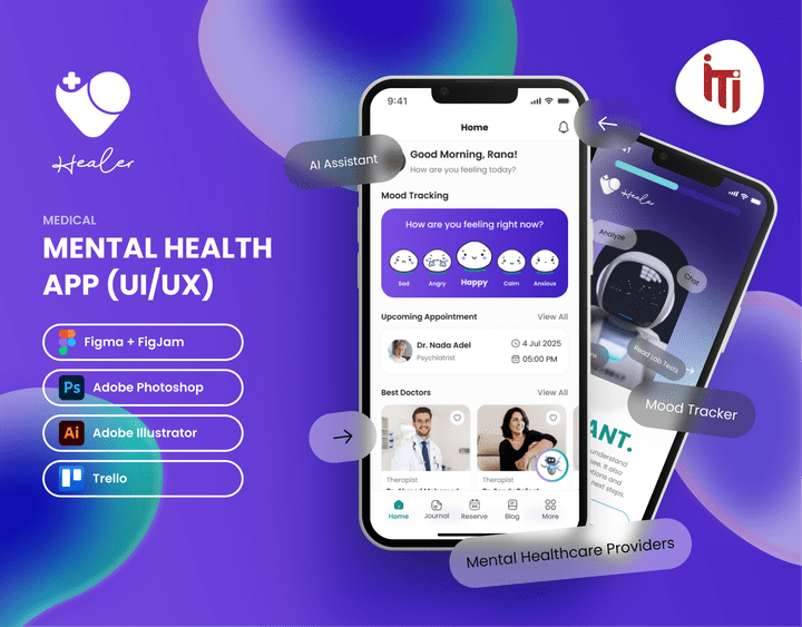 تصميم تجربة و واجهة المستخدم UI/UX - تصميم تطبيق و صفحة هبوط لتطبيق Healer للصحة النفسية