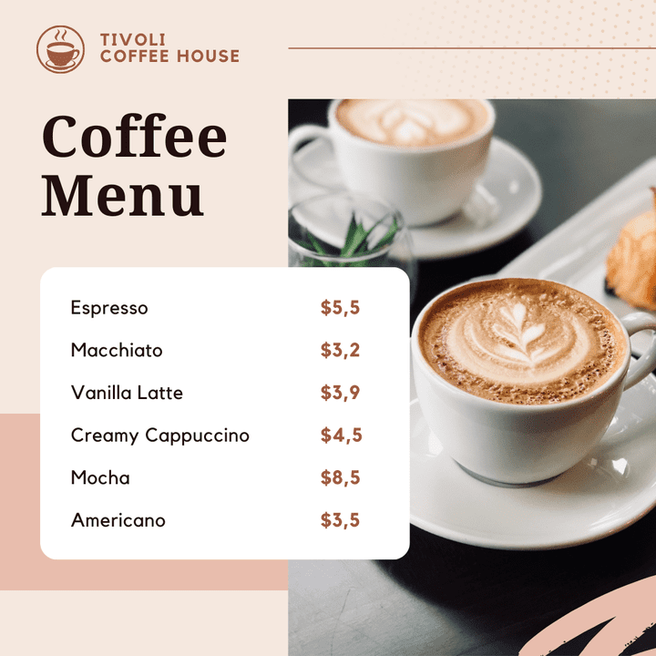 Menu for cafe