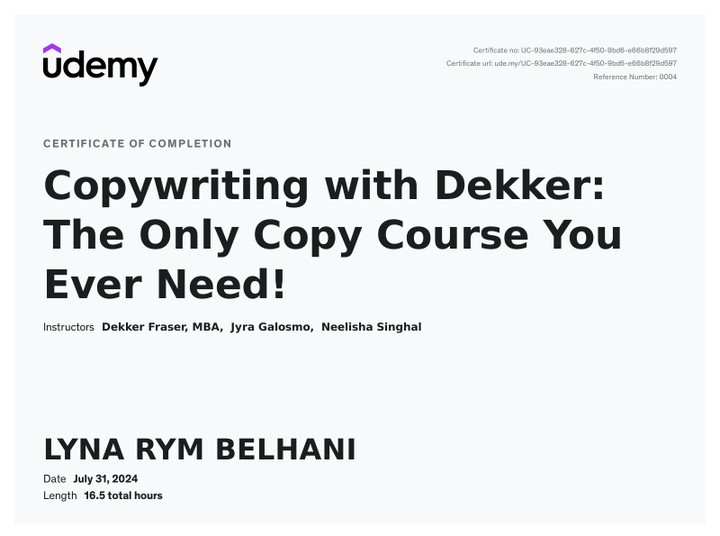 Copywriting course certificate