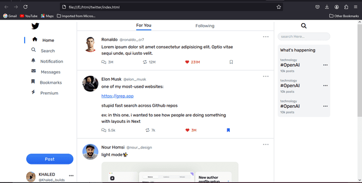 twitter clone html tailwind css