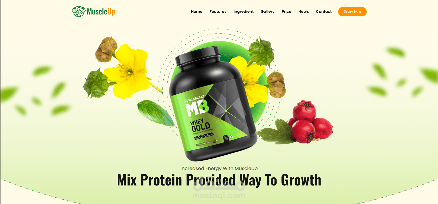 MuscleUp Landing Page – قالب صفحة هبوط للمنتجات الغذائية/مكملات تمارين الكرة (إليمنتور)