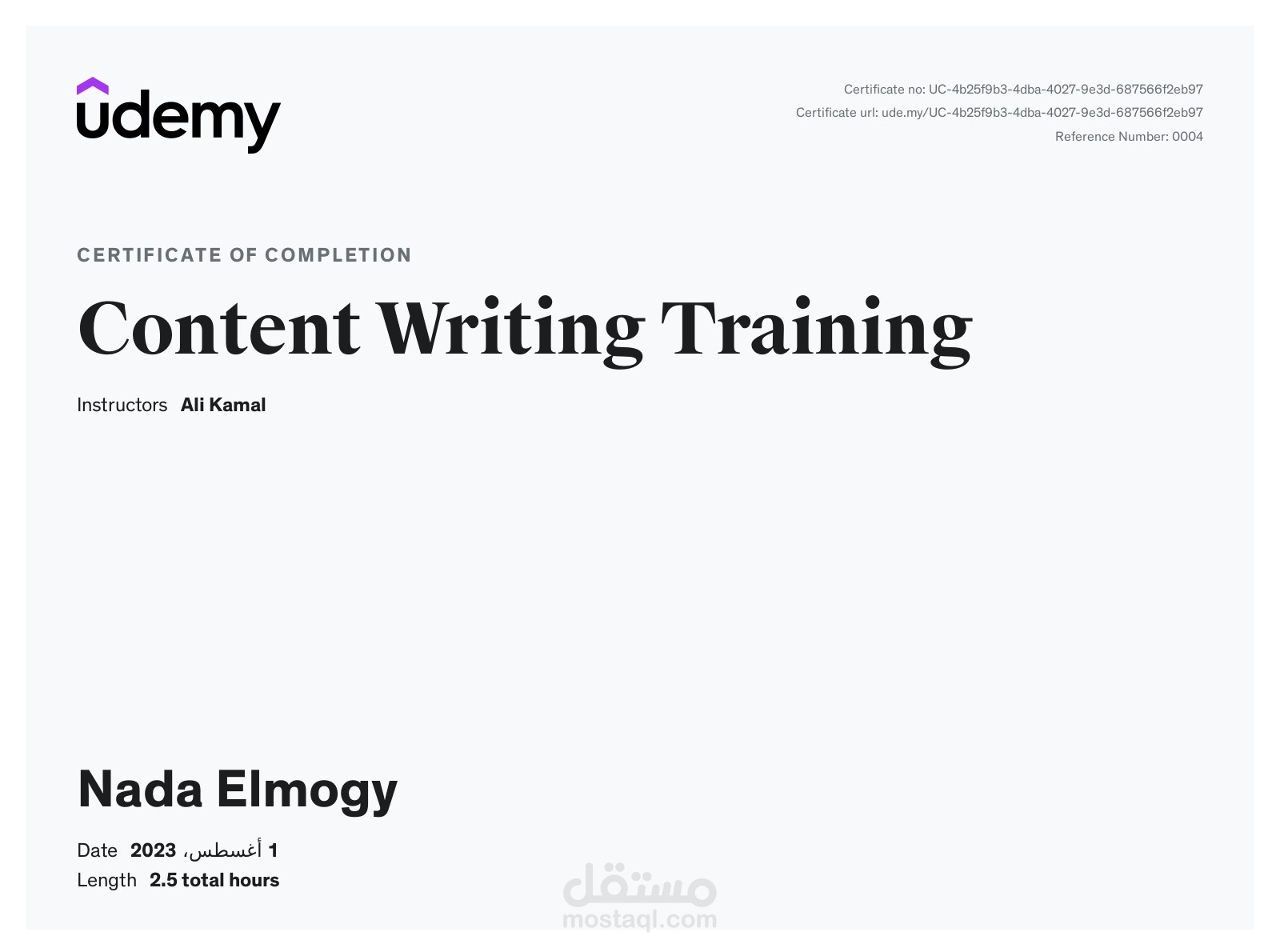 Certificate of content writing from udemy