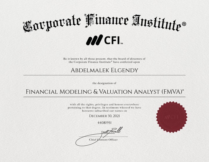 شهادة النمذجة المالية والتقييم من المعهد الكندى Corporate Finance Institute® (CFI)