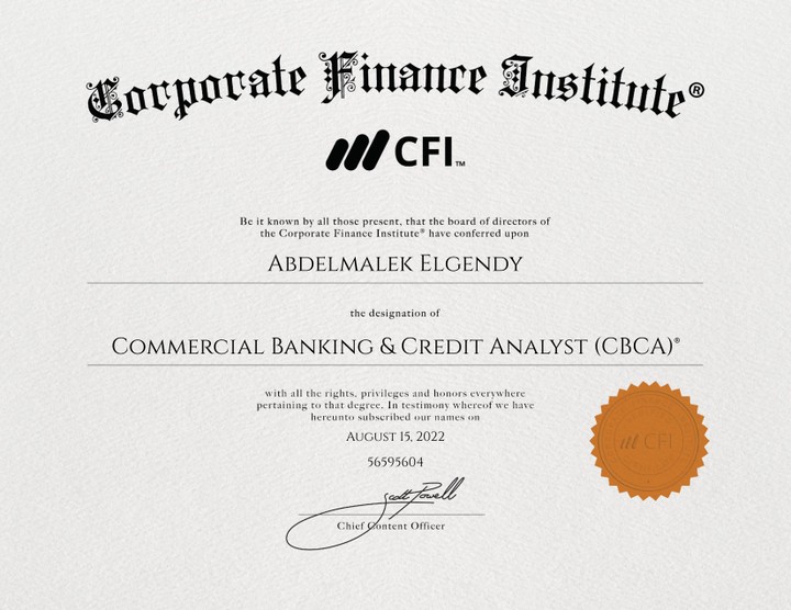 حاصل على شهادة التحليل الإتمانى من المعهد الكندى Corporate Finance Institute® (CFI).