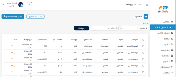 لوحه تحكم لشركه تسويق عقارى لاداره العقارات والمهام بين الموظفين