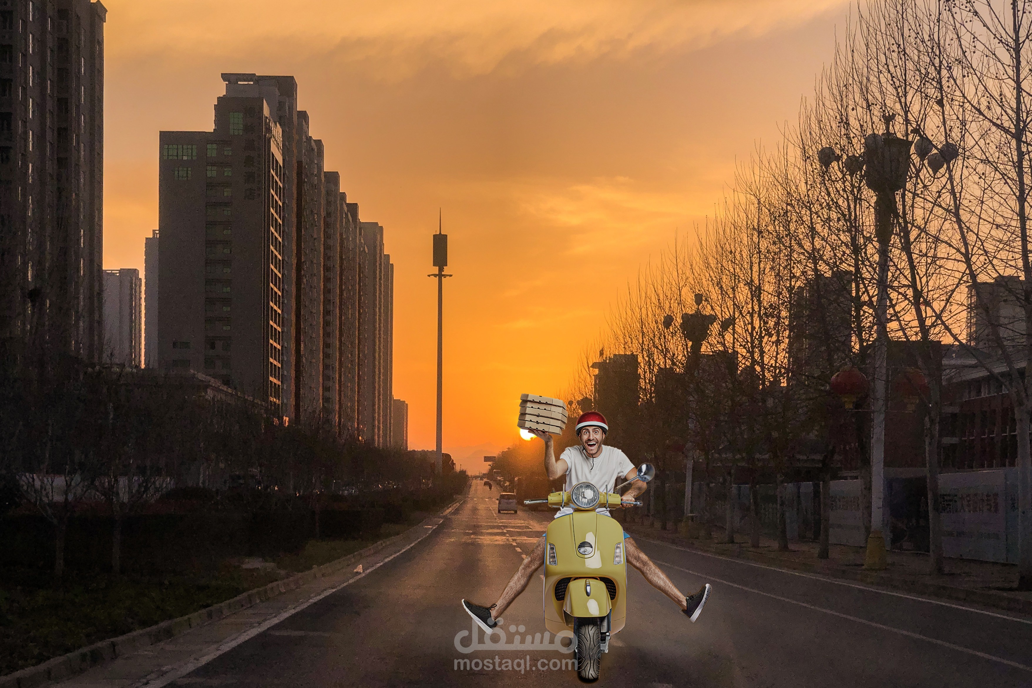 Photo Manipulation – توصيل بيتزا وسط الغروب ️