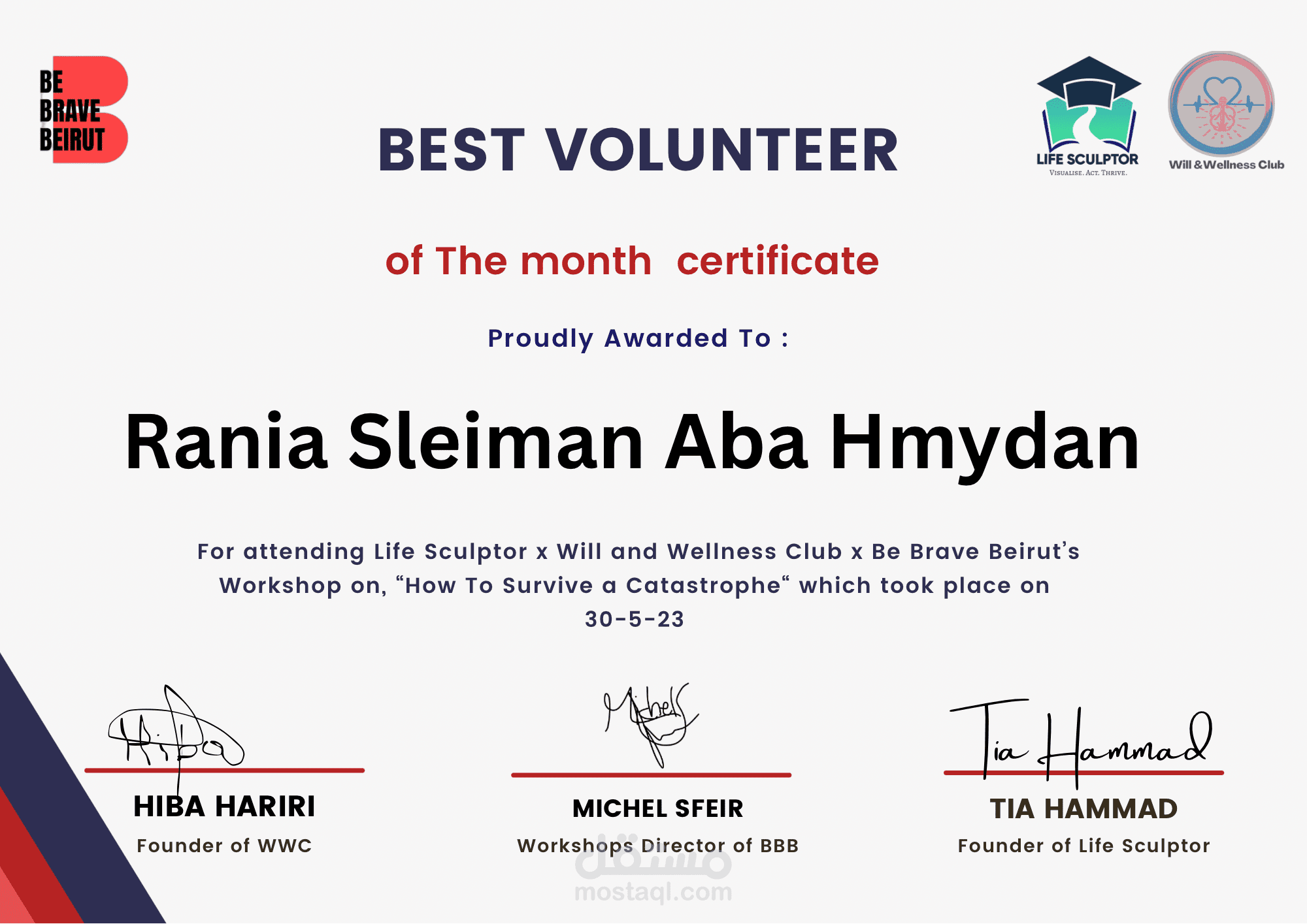 تصميم شهادة افضل متطوع شهري احترافية best volunteer of the month certificate