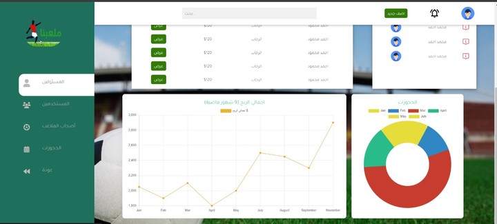 داش بورد لموقع حجز ملعب كرة قدم