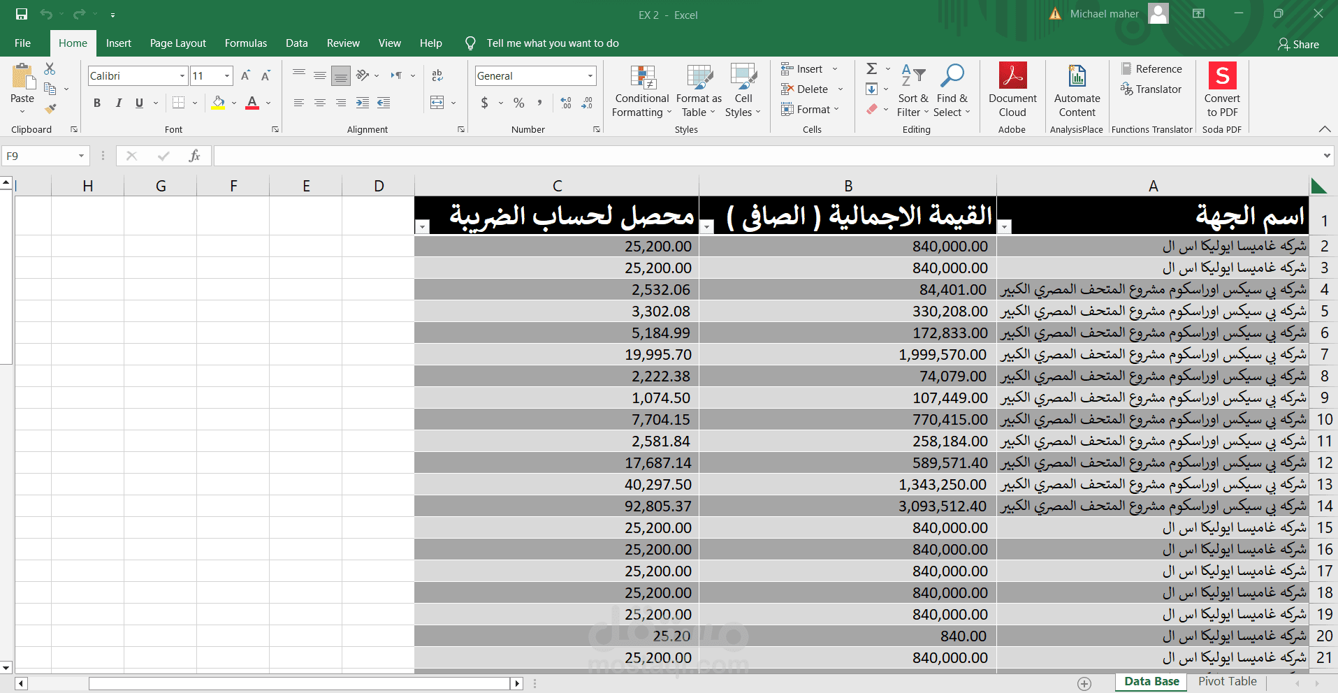 عمل شيت Excel بة مجموعة من العملاء مع مختلف البيانات المتعلقة بهم