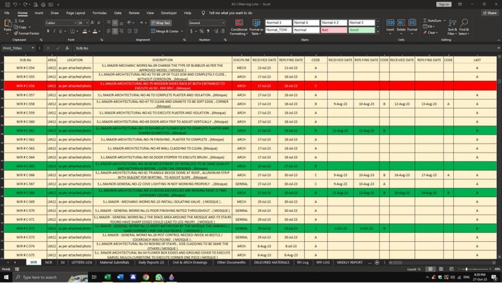 My work log sheet on ms excel