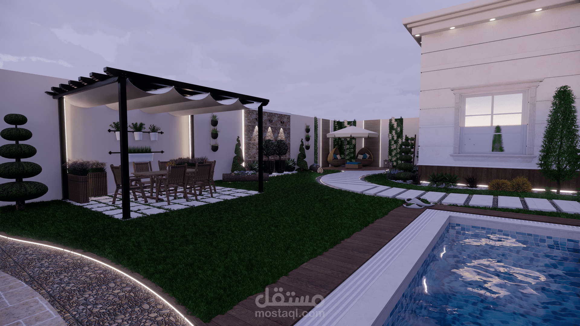 تصميم لحديقة مع مسبح