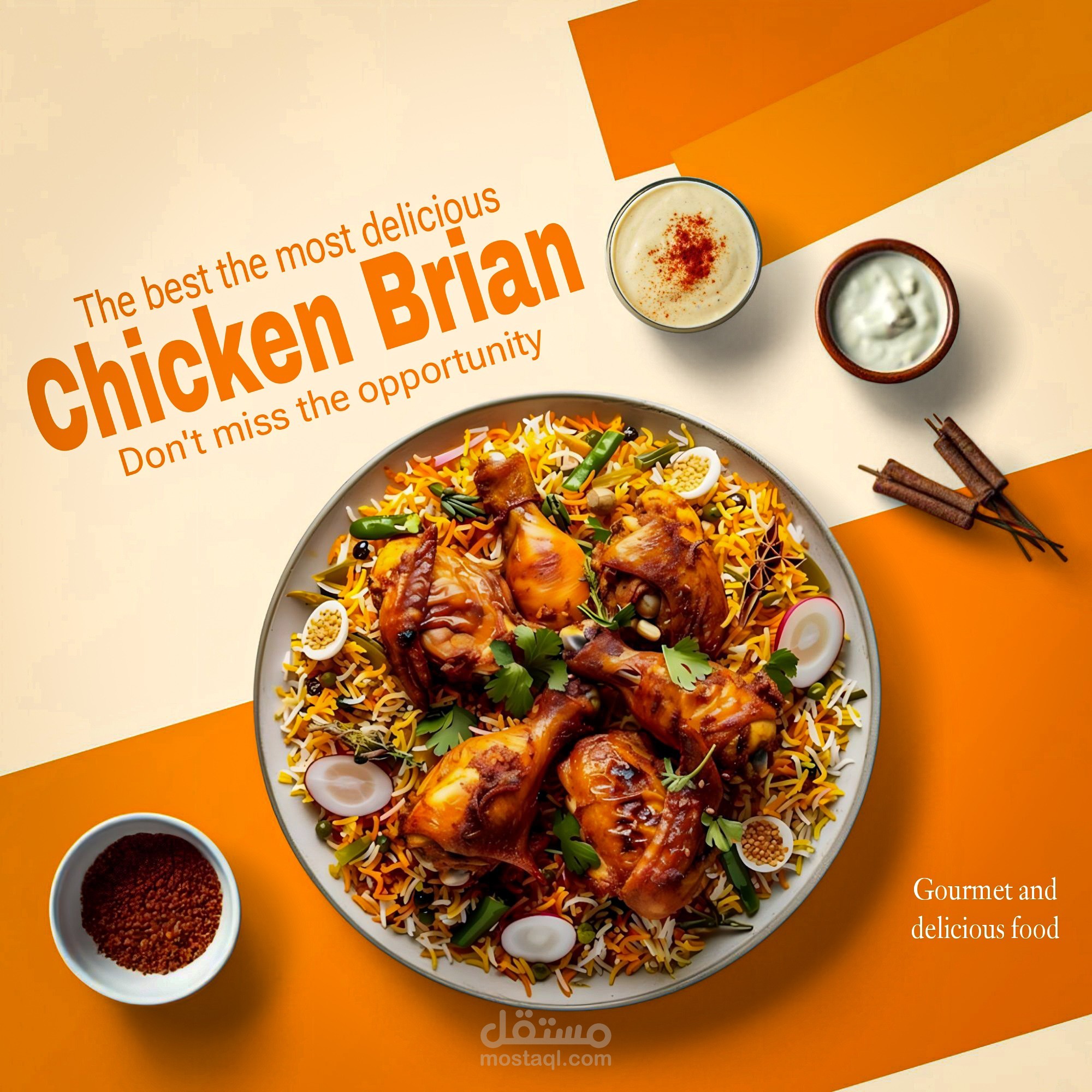 تصميم إعلان طعام احترافي – Chicken Biryani بتنسيق لوني جذّاب