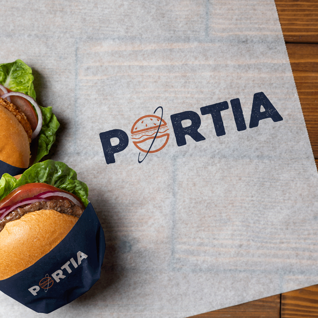 هوية PORTIA Burger + باكيجنق.