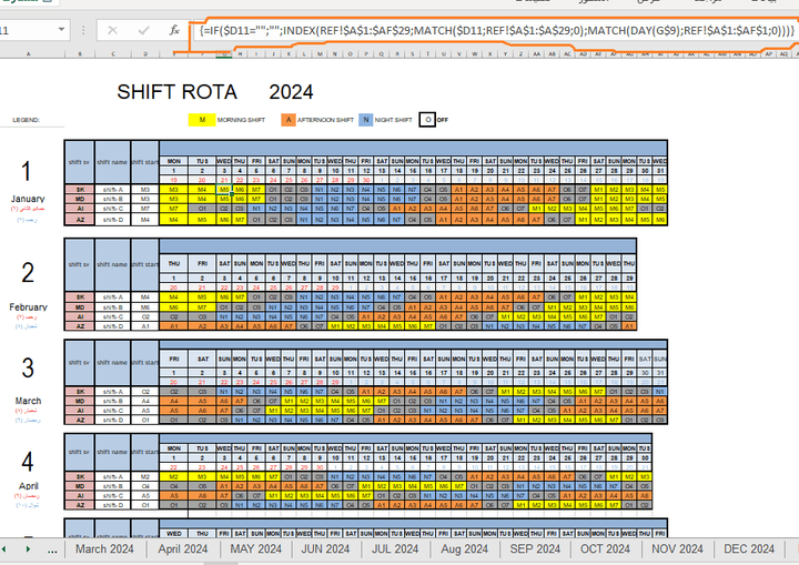 تصميم monthly shift Rota بمزايا احترافية عبر معادلات معقدة لتسهيل الاعمال