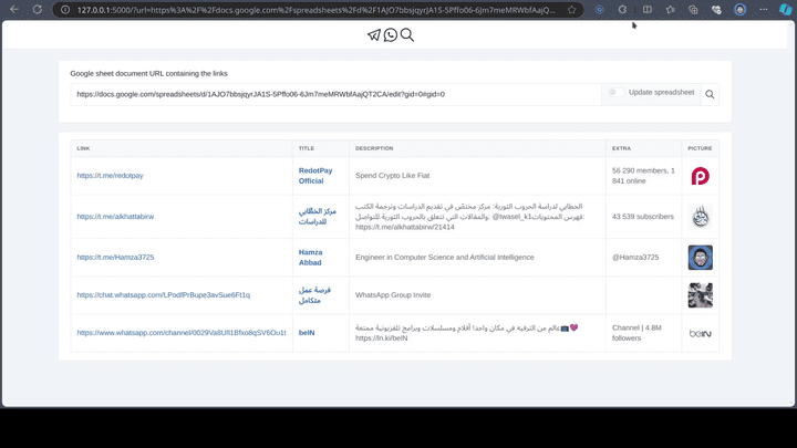 تطبيق ويب لاستخراج بيانات قنوات\مجموعات\مستخدمي Telegram و WhatsApp