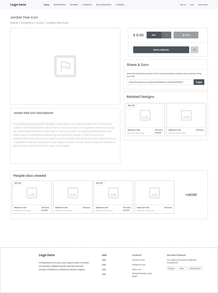 UI design and Wireframing for Icon Store