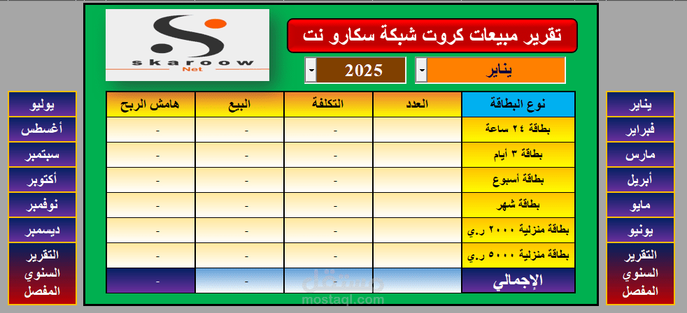 تقرير مبيعات شبكة سكاو نت (برنامج اكسل شامل)