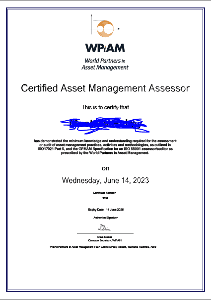 CERTFIED ASSET MANAGMENT ASSESSOR ( ISO 55000)