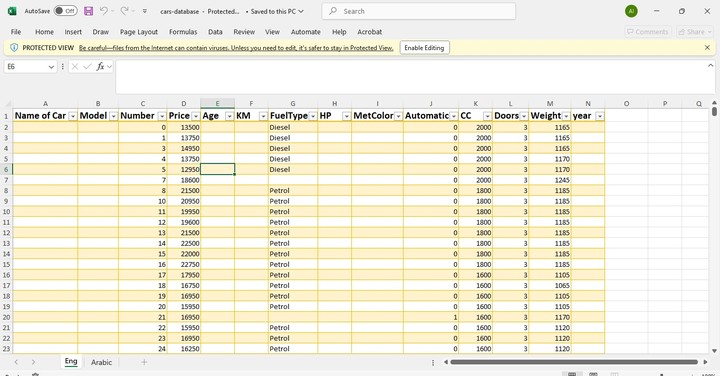 قاعدة بيانات السيارات والموديلات - ملف Excel