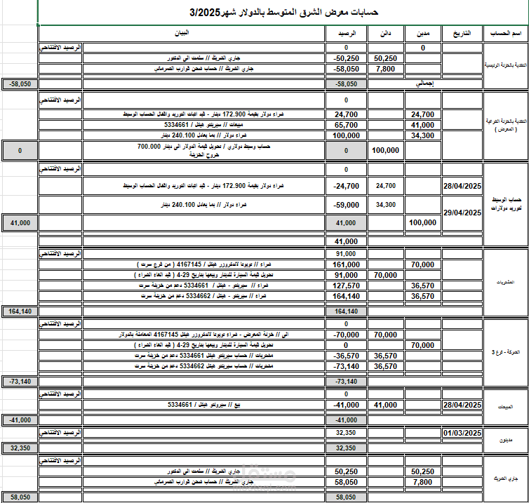مراجعة شهر 3/2025 لحسابات الشركة بالتفصيل