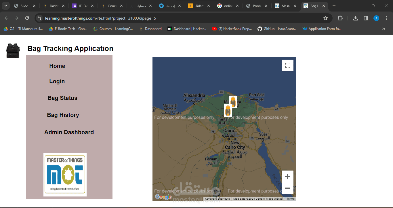 an IoT handbag/backpack monitoring application on MasterOfThings platform