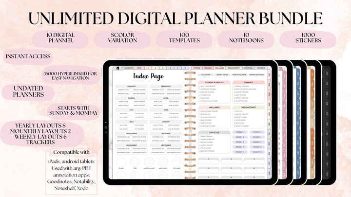 Digital planner مخطط لتنظيم الوقت يحتوي على قوالب جاهزة قابلة للتعديل بالاضافة الى مجموعة من الستيكرات