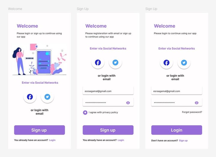 mobile app sign up process screens