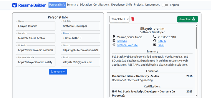 موقع تصميم السيرة الذاتية (React.js)