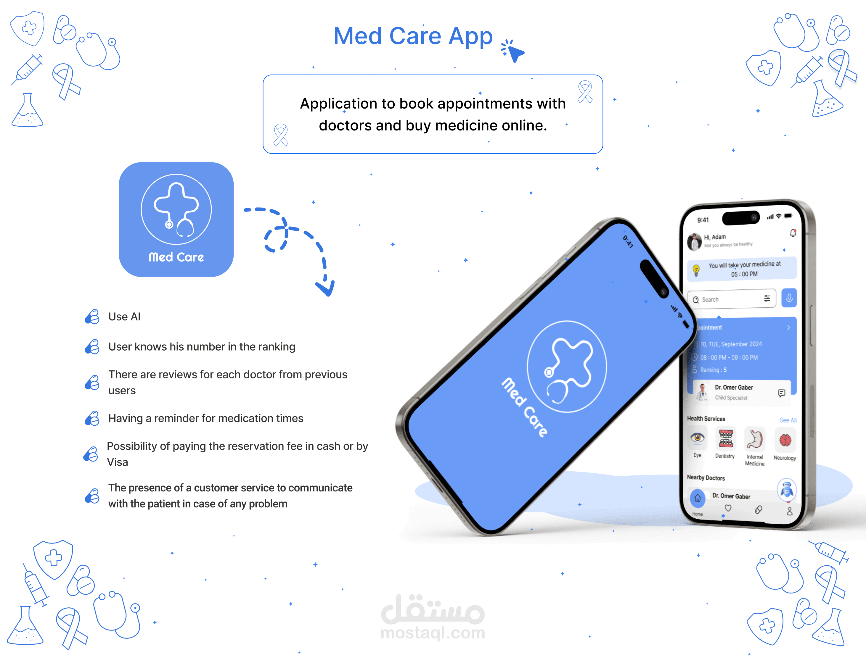 تصميم UI/UX - تطبيق لحجز موعد مع الطبيب و شراء الدواء اونلاين - Med Care