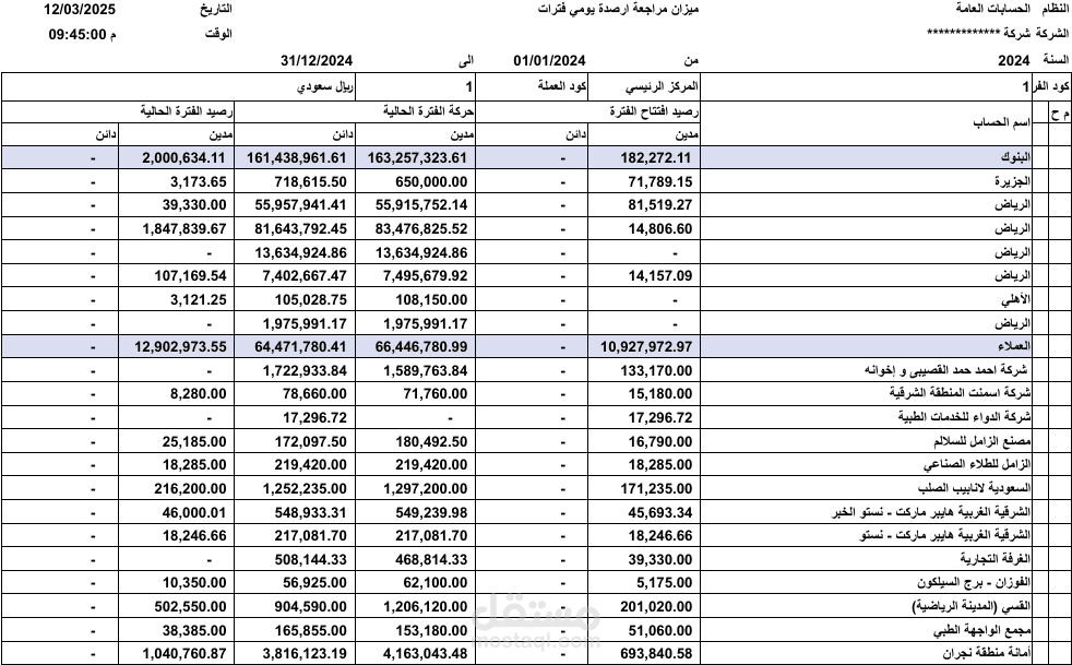 ميزان المراجعة قمت بإعداده لعام 2024 لإحدي الشركات في المملكة العربية السعودية