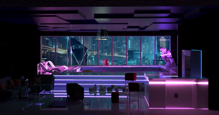 Interior and exterior designs in Cyberpunk style